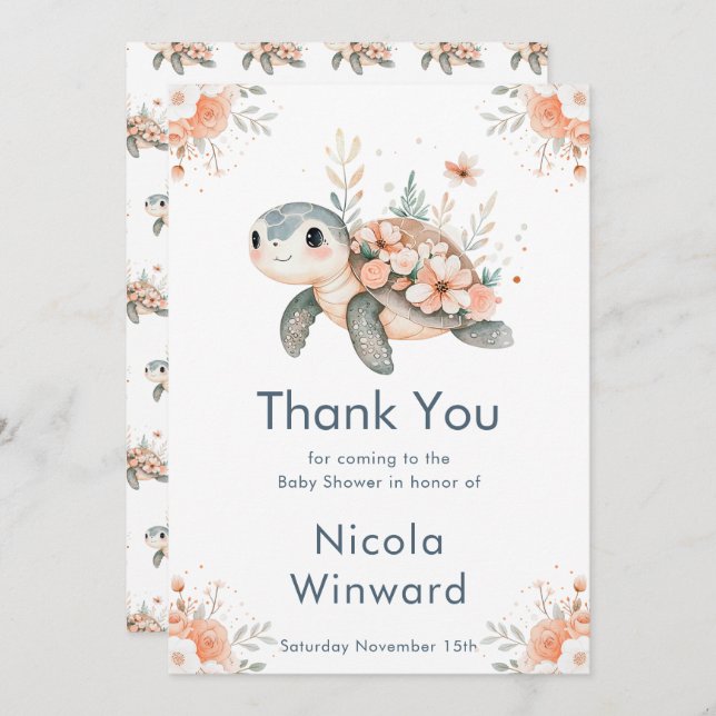 Cartão De Agradecimento Cute Floral Turtle Baby Shower (Frente/Verso)