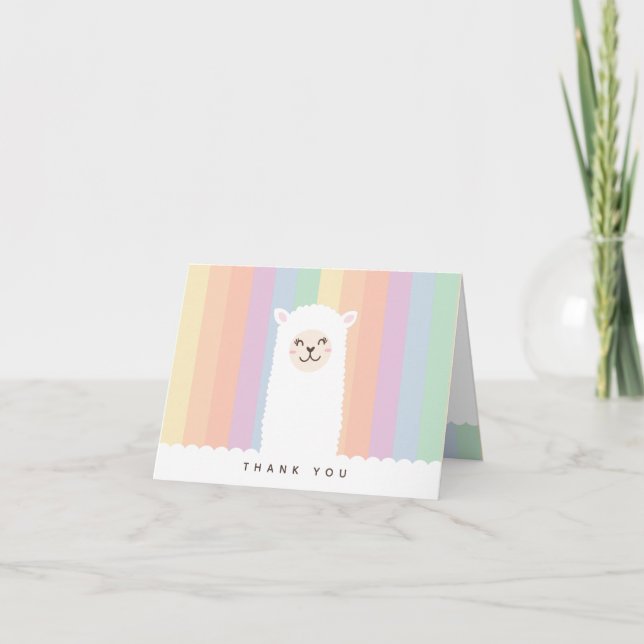 Cartão De Agradecimento Cute Funny Alpaca Llama e Rainbow Whimic (Frente)