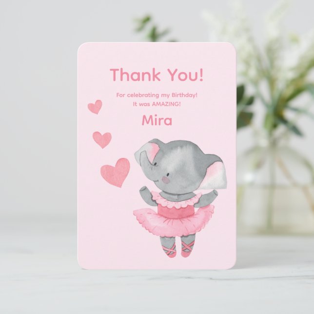 Cartão De Agradecimento Cute Girly Elephant Ballerina Birthday Party  (Em pé/Frente)