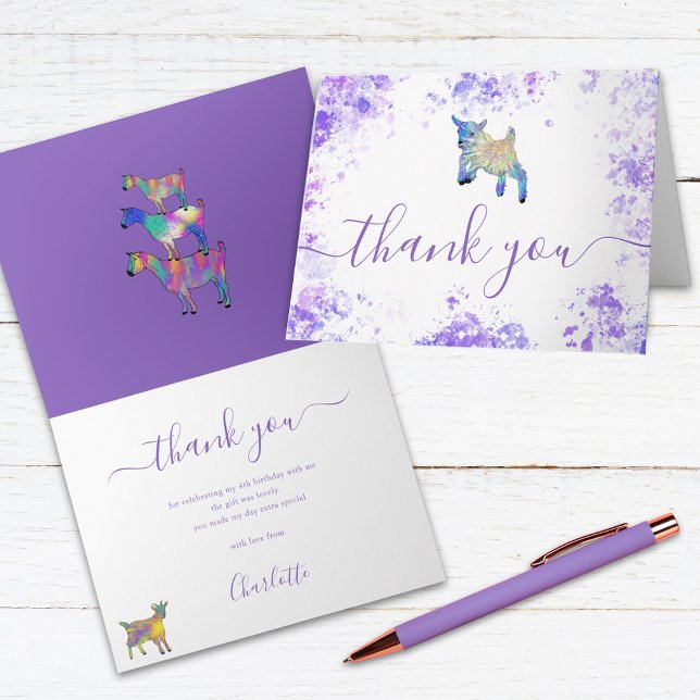 Cartão De Agradecimento Cute Goats Farm Birthday Party (Colorful Watercolor goat farm theme kids birthday party thank you card)