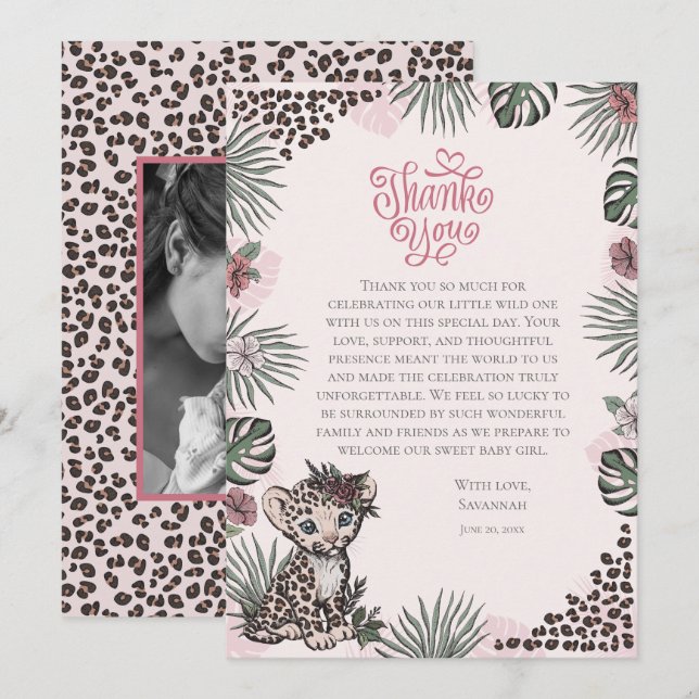 Cartão De Agradecimento Cute Leopard Safari Girl Baby Shower (Frente/Verso)