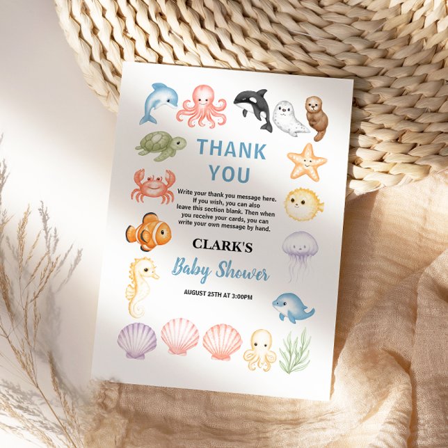 Cartão De Agradecimento Cute Ocean Under the Sea Animal Baby Shower (Cute Ocean Under the Sea Animal Baby Shower thank you card)