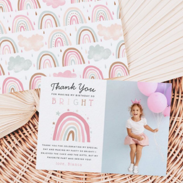 Cartão De Agradecimento Cute Pastel Rainbow Girls Birthday Party Photo (Criador carregado)