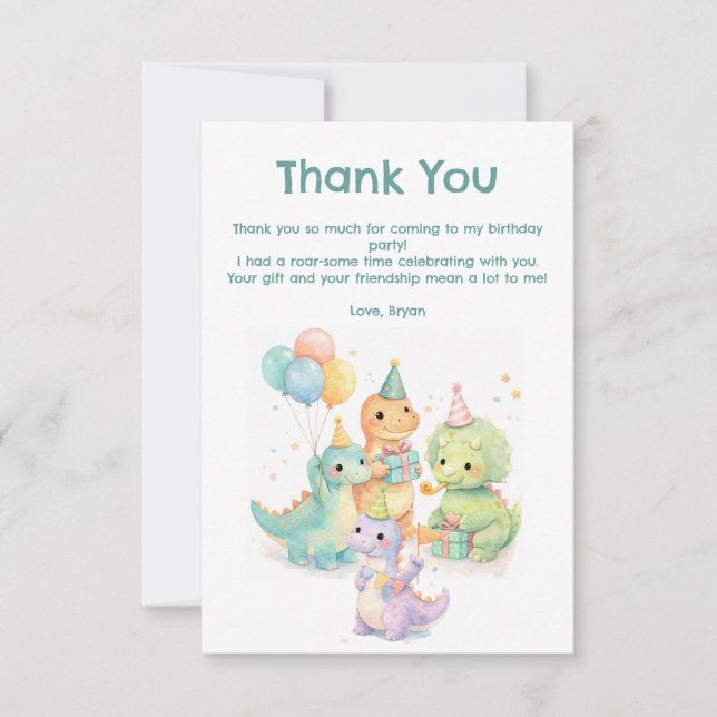 Cartão De Agradecimento Cute Pastel Watercolor Dinosaurs Birthday (Frente)