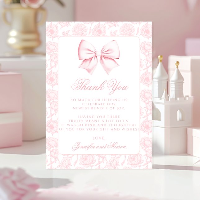 Cartão De Agradecimento Cute pink bow floral preppy baby girl shower (Criador carregado)