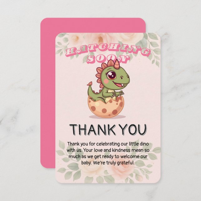 Cartão De Agradecimento Cute Pink Dino Hatching Soon (Frente/Verso)