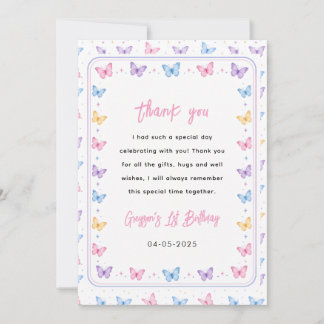 Cartão De Agradecimento Cute Pink Purple Butterfly 1st Birthday for Girls