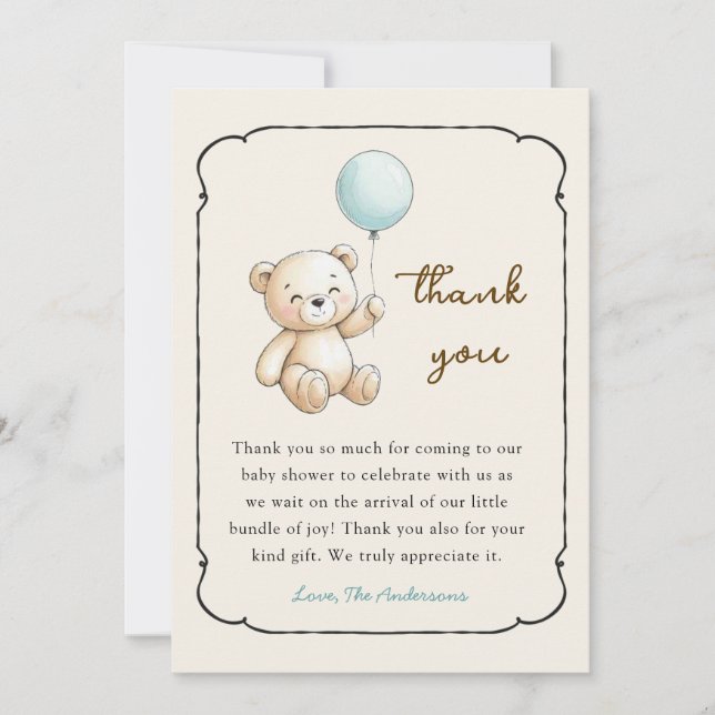 Cartão De Agradecimento Cute retro Bear Baby Boy shower Thank you card (Frente)