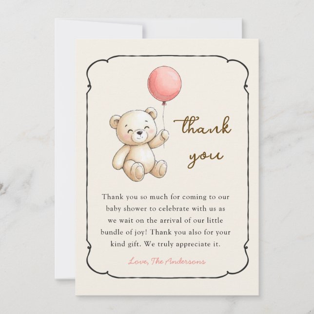 Cartão De Agradecimento Cute retro Bear Baby girl shower Thank you card (Frente)