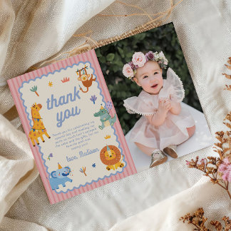 Cartão De Agradecimento Cute Safari Animals Girl 1st Birthday Photo