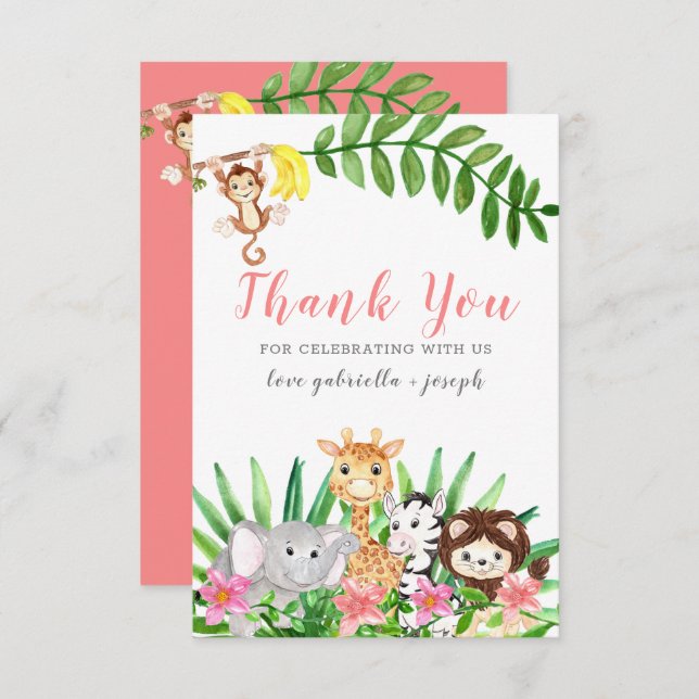 Cartão De Agradecimento Cute Safari | Chá Rosa Baby Girl (Frente/Verso)