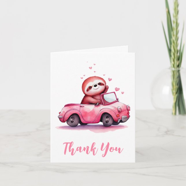 Cartão De Agradecimento Cute Sloth in a Pink Convertible (Frente)