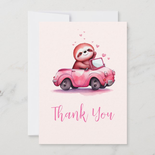 Cartão De Agradecimento Cute Sloth in a Pink Convertible (Frente)