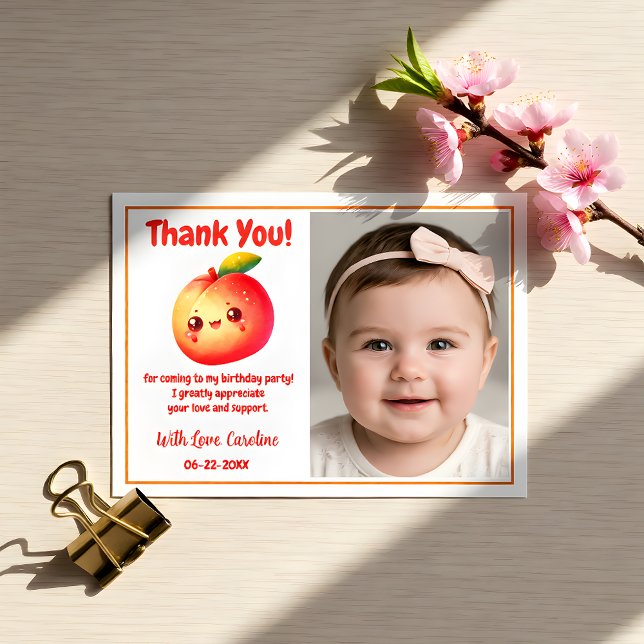 Cartão De Agradecimento Cute Sweet Peach First Birthday Thank You (Criador carregado)