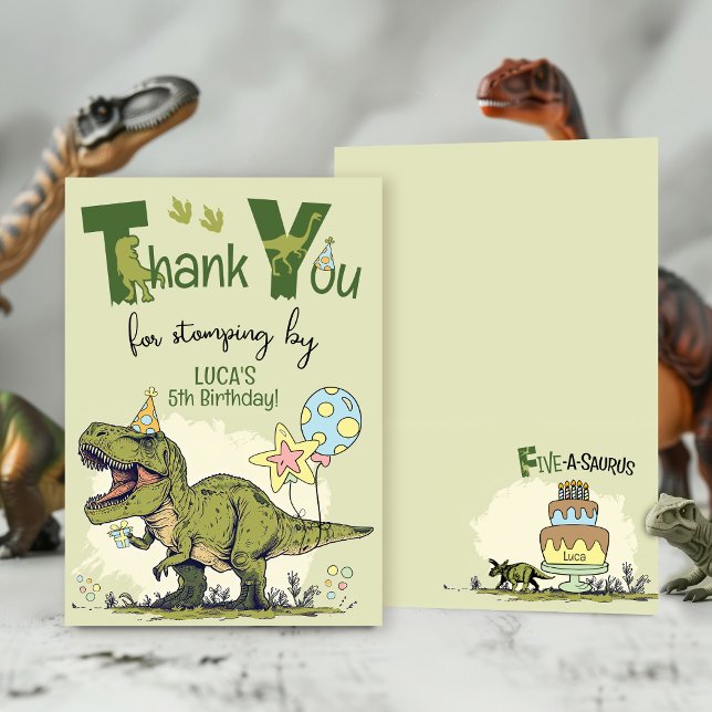 Cartão De Agradecimento Cute TRex Dinosaur Five-Rex Boy 5th Birthday Party (Funny custom name Five-a-saurus Dinosaur Jurassic green 5th birthday party thank you for stomping by)