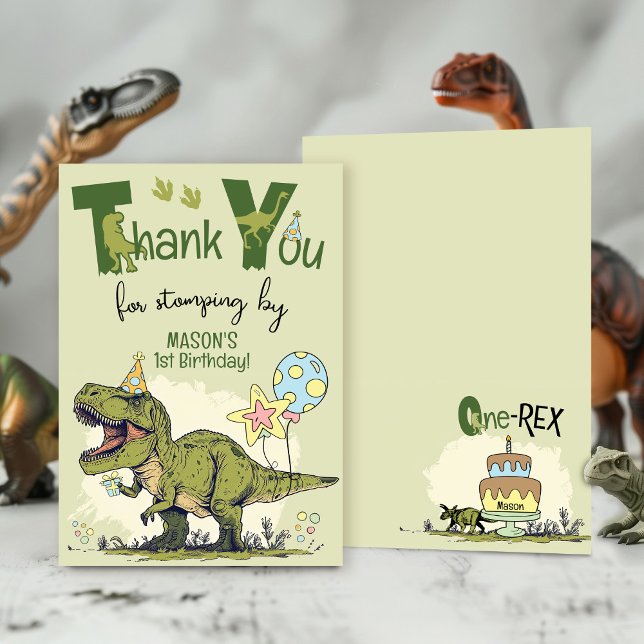 Cartão De Agradecimento Cute TRex Dinosaur One-Rex 1st Birthday Party (Cute first One-Rex TRex Dinosaur Jurassic Dino 1st boy birthday party thank you for stomping by)