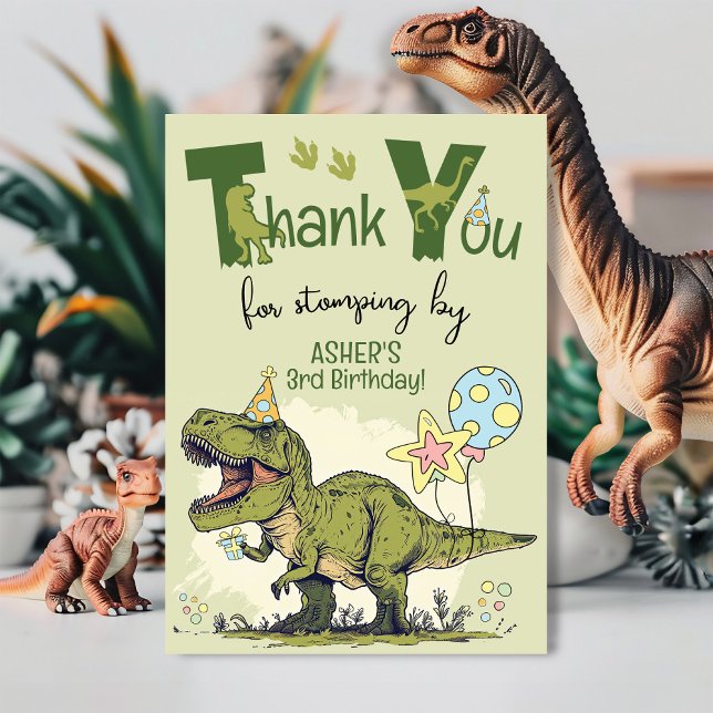 Cartão De Agradecimento Cute TRex Dinosaur Three-Rex 3rd Birthday Party (Funny custom name Three-Rex Dinosaur Jurassic green Dino 3rd birthday party thank you stomping card)