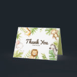 Cartão De Agradecimento Cute Watercolor Safari Friends Tropical Birthday<br><div class="desc">Send thanks to family and friends for being part of your celebrating with this safari thank you card. It features cute watercolor illustrations of a baby giraffe, monkey, elephant, lion and zebra with tropical leaves accent. Personalize by adding your event details. This tropical thank you card will be perfect for...</div>
