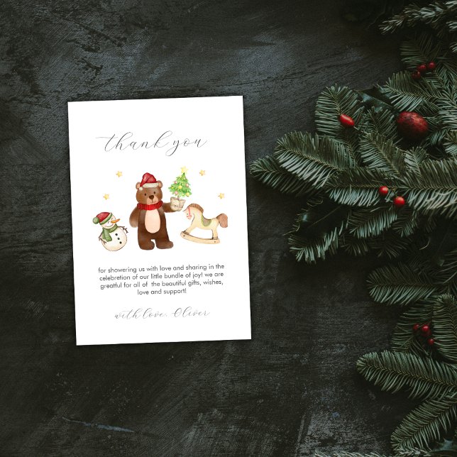 Cartão De Agradecimento Cute Winter Teddy Bear Snowman Toys Baby Shower (Cute Winter Teddy Bear Snowman Toys Baby Shower Thank You Card)