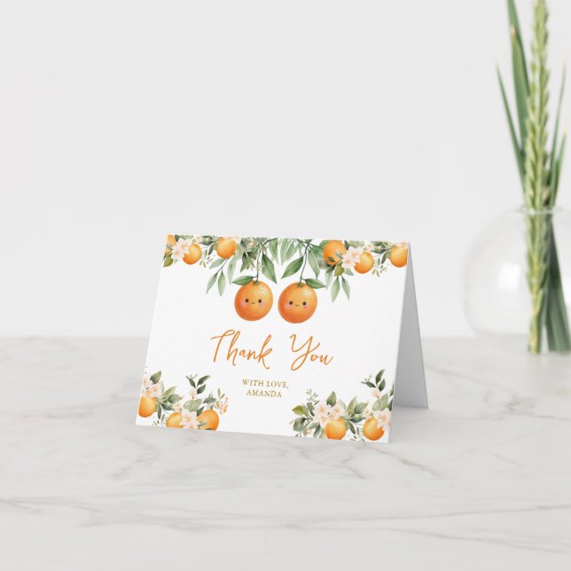 Cartão De Agradecimento Cuties Laranja Dois Pequenos Gêmeos Chá de Bebê Fl (Frente)