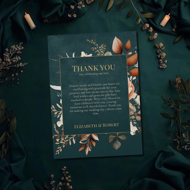 Cartão de Agradecimento da Bruxa da Floresta de Ve (Summer Forest Witch Teal Thank You Card on a teal witchy wedding table with dry botanicals)