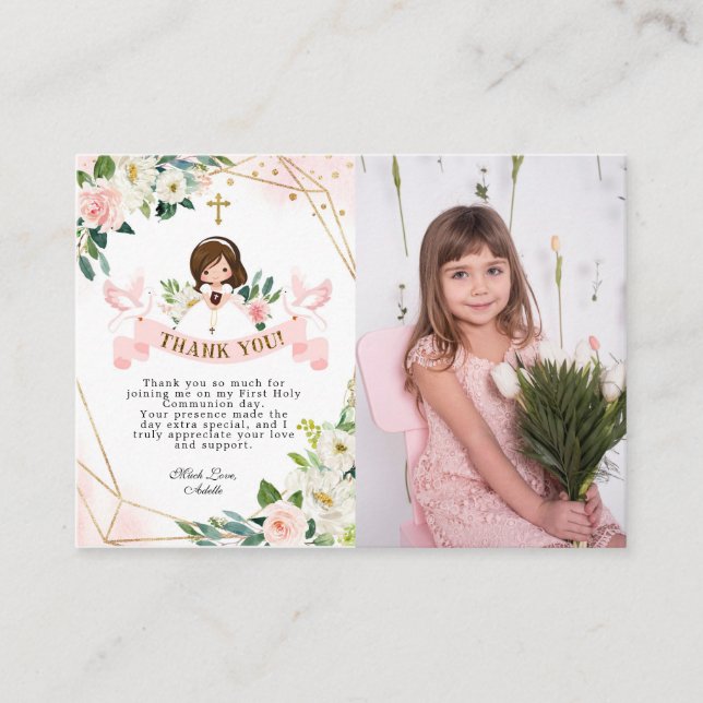 Cartão de agradecimento da Primeira Comunhão rosa  (Frente)