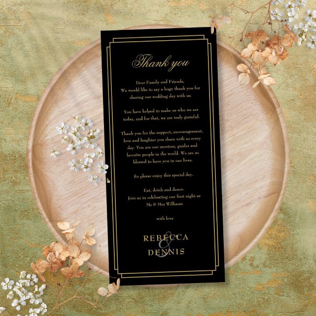 Cartão de Agradecimento da Recepção Preto e Dourad (Black And Gold Reception Thank You Place Card)