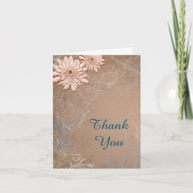 Cartão De Agradecimento Dahlia Swirl Border Tan e Blue Obrigado (Frente)