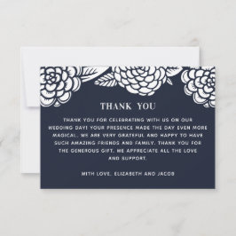 Cartão De Agradecimento Dálias brancas. Casamento floral moderno azul-mari