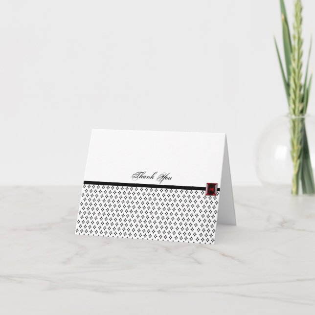 Cartão De Agradecimento Damasco preto e branco com Ruby Obrigado (Frente)