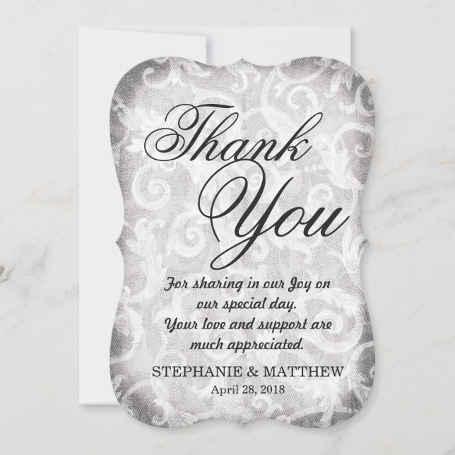 Cartão De Agradecimento Damasco preto e branco legado na imagem (Frente)