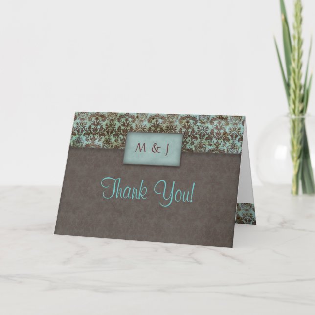 Cartão de Agradecimento Damask Azul Marrom (Frente)