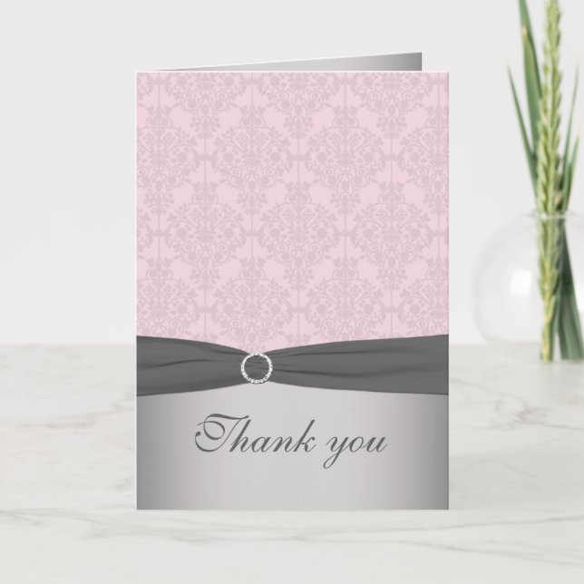 Cartão de Agradecimento Damask Rosa e Cinza (Frente)