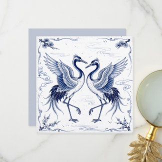 Cartão De Agradecimento Dança de Grou Estilo Imari Japonês Azul e Branco