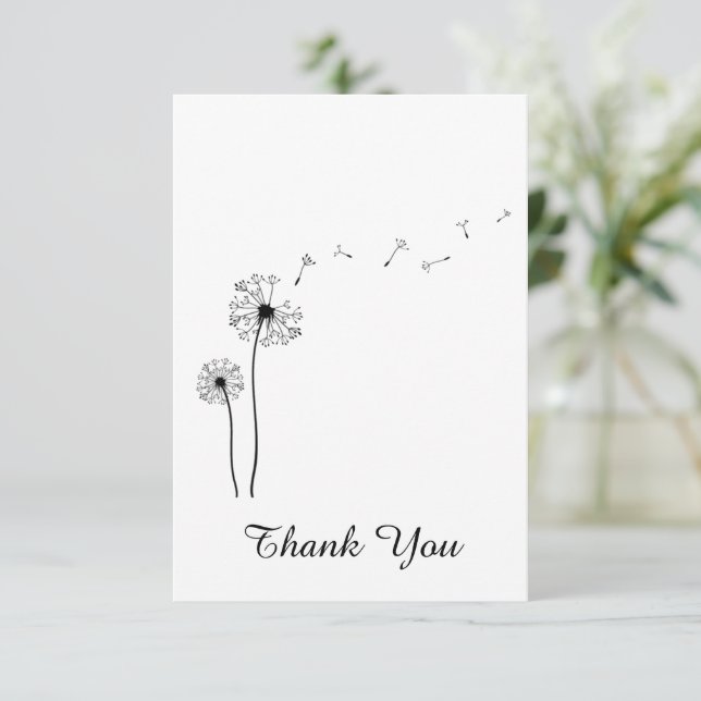 Cartão De Agradecimento Dandelion preto e branco soprando no vento (Em pé/Frente)
