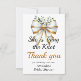 Cartão De Agradecimento Dando o Nó Dourado Laço Branco Floral Chá de Noiva
