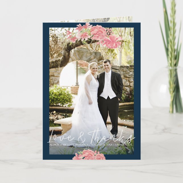 Cartão De Agradecimento Dark blue pink peonies wedding photo thank you (Frente)