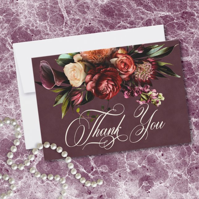 Cartão De Agradecimento Dark Elegant Autumn Floral Burgundy Wedding (Dark Elegant Autumn Floral Burgundy Wedding Thank You Card)