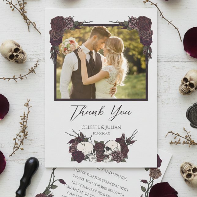 Cartão De Agradecimento Dark Floral Skull Photo Wedding Thank You Card (Elegant Burgundy Dark Floral Skull and Rose Wedding Thank You Cards, Hand Drawn in Black Ink)