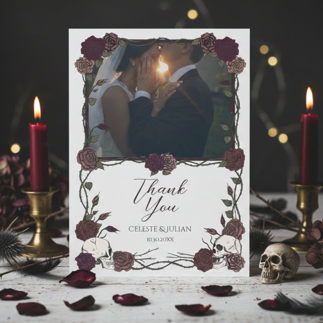 Cartão De Agradecimento Dark Floral Skull Photo Wedding Thank You Card (Burgundy Soft Dark Floral Gothic or Whimsigoth Wedding Thank You Cards with Photo of Wedding Couple)