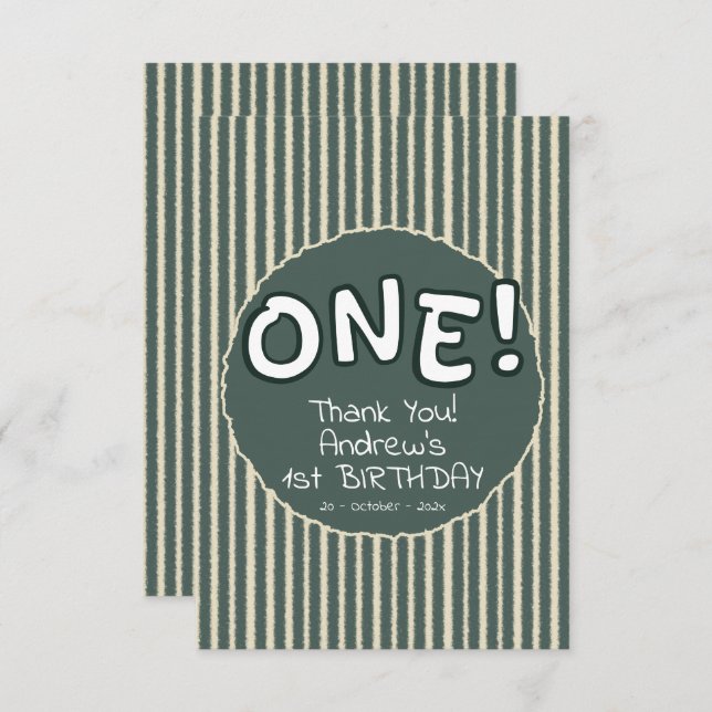 Cartão De Agradecimento Dark Green Stripes 1st Birthday (Frente/Verso)