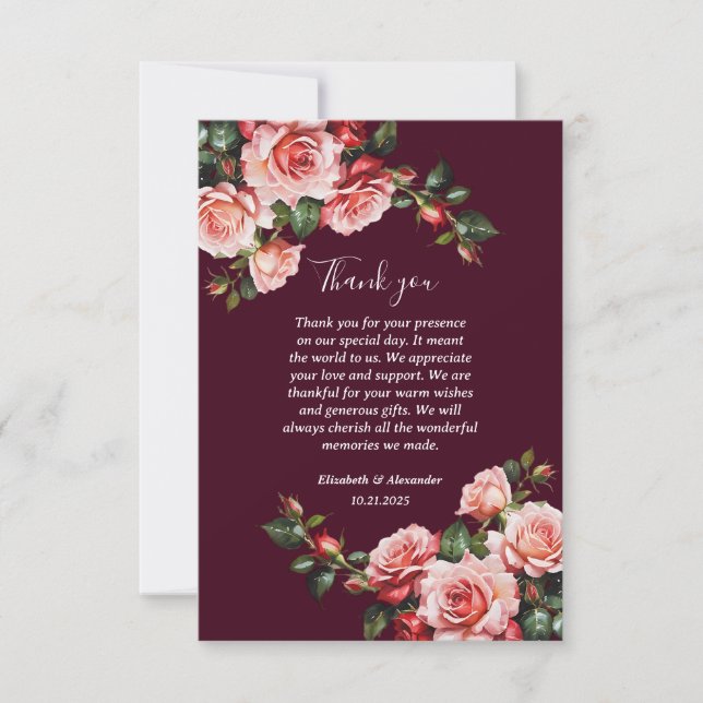 Cartão De Agradecimento Dark moody pink and red roses burgundy wedding (Frente)