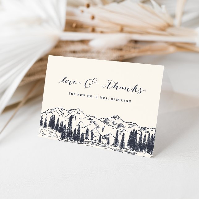 Cartão De Agradecimento Dark Navy | Mountain Sketch Wedding (Criador carregado)