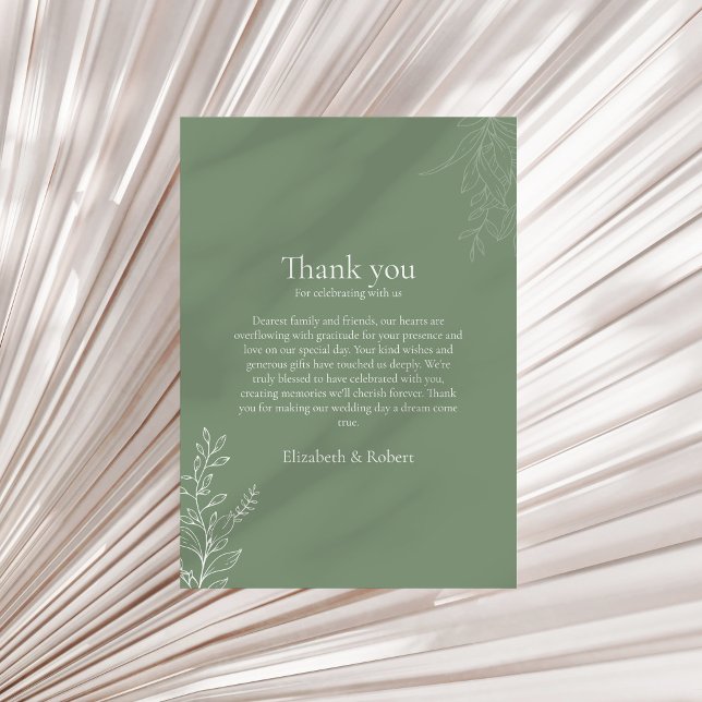 Cartão De Agradecimento Dark Sage Green Botanical Thank You Card (Dark Sage Green Botanical Thank You Card on a neutral dry palm leaf.)