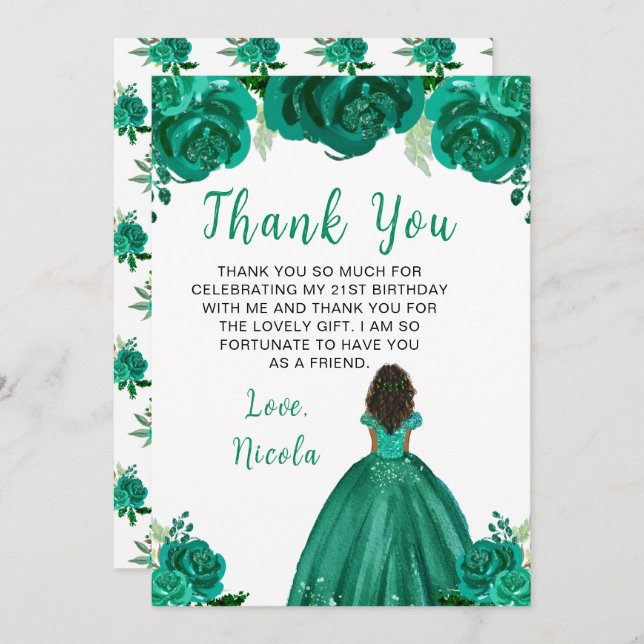 Cartão De Agradecimento Dark Skin Princess Green Floral Birthday Party (Frente/Verso)