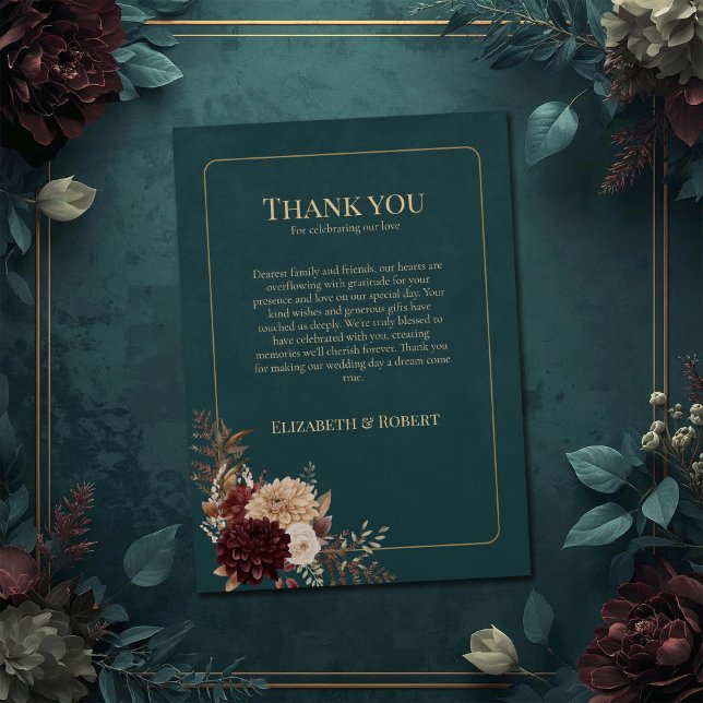 Cartão De Agradecimento Dark Teal Floral Gothic Wedding Thank You Card (Dark Teal Floral Gothic Wedding Thank You Card on a teal wedding table with vintage flowers.)