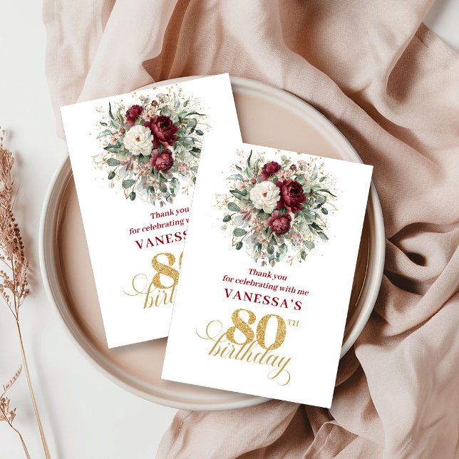 Cartão de Agradecimento de 80º Aniversário Rustic  (Rustic Blush Burgundy 80th Birthday Thank You Card)
