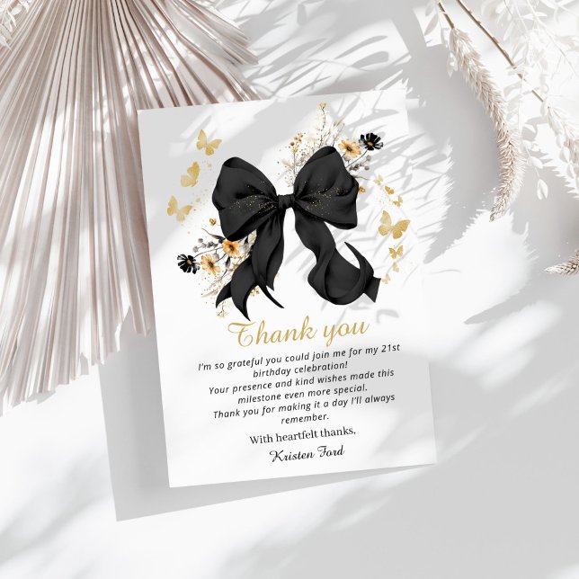 Cartão de agradecimento de aniversário com laço pr (Elegant Black Coquette bow wildflowers thank you card)
