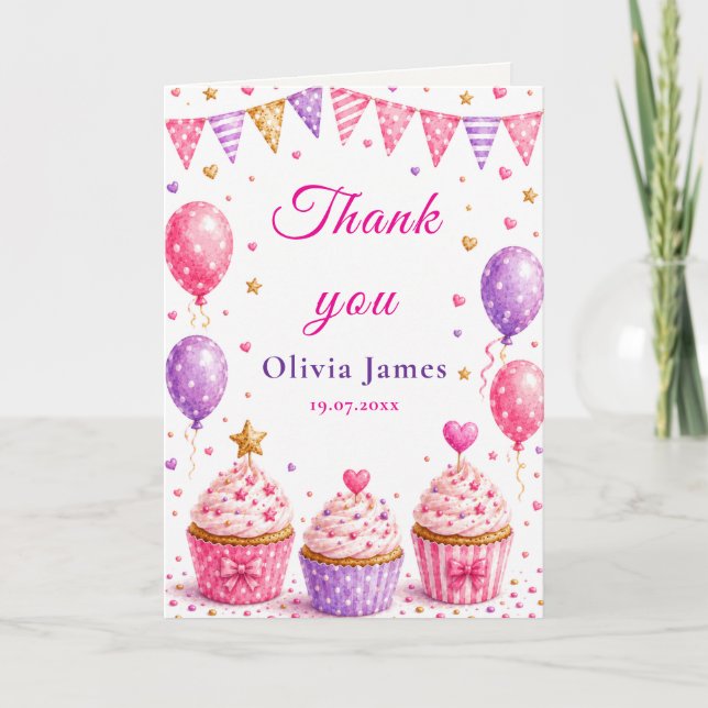 Cartão de Agradecimento de Aniversário de Cupcake  (Frente)