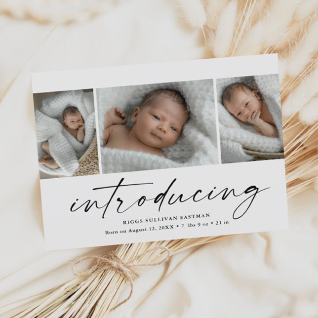 Cartão de Agradecimento de Apresentação do Bebê 3  (Modern introducing script 3 photo birth announcement baby thank you cards.)